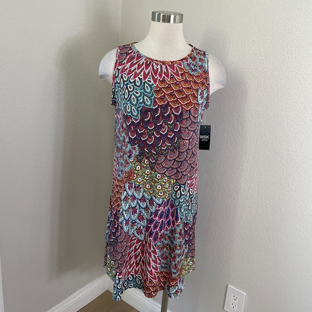NEW MSK Petite Large Jersey Sleeveless Shift‎ Dress Retro Peacock Feather Print